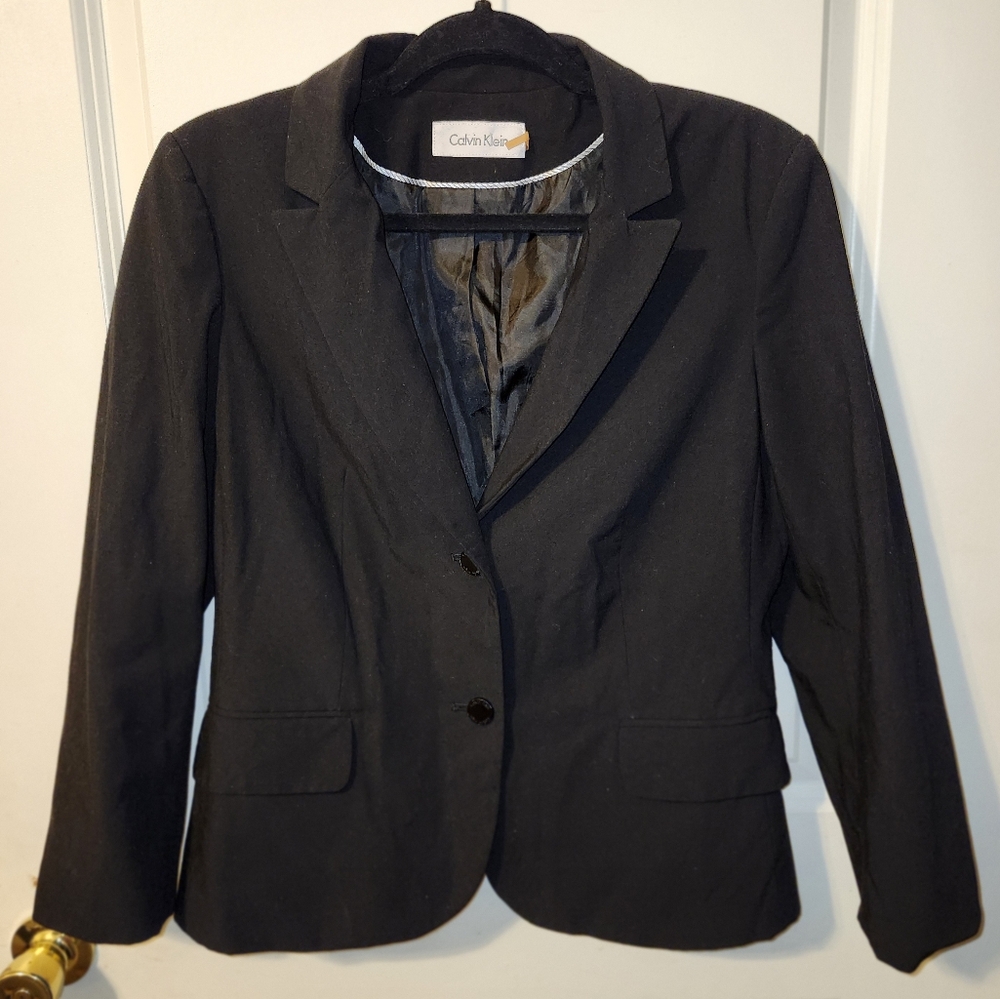 Calvin Klein Black Womens Blazer Size 10, 2 button front jacket w/ pockets (A64)